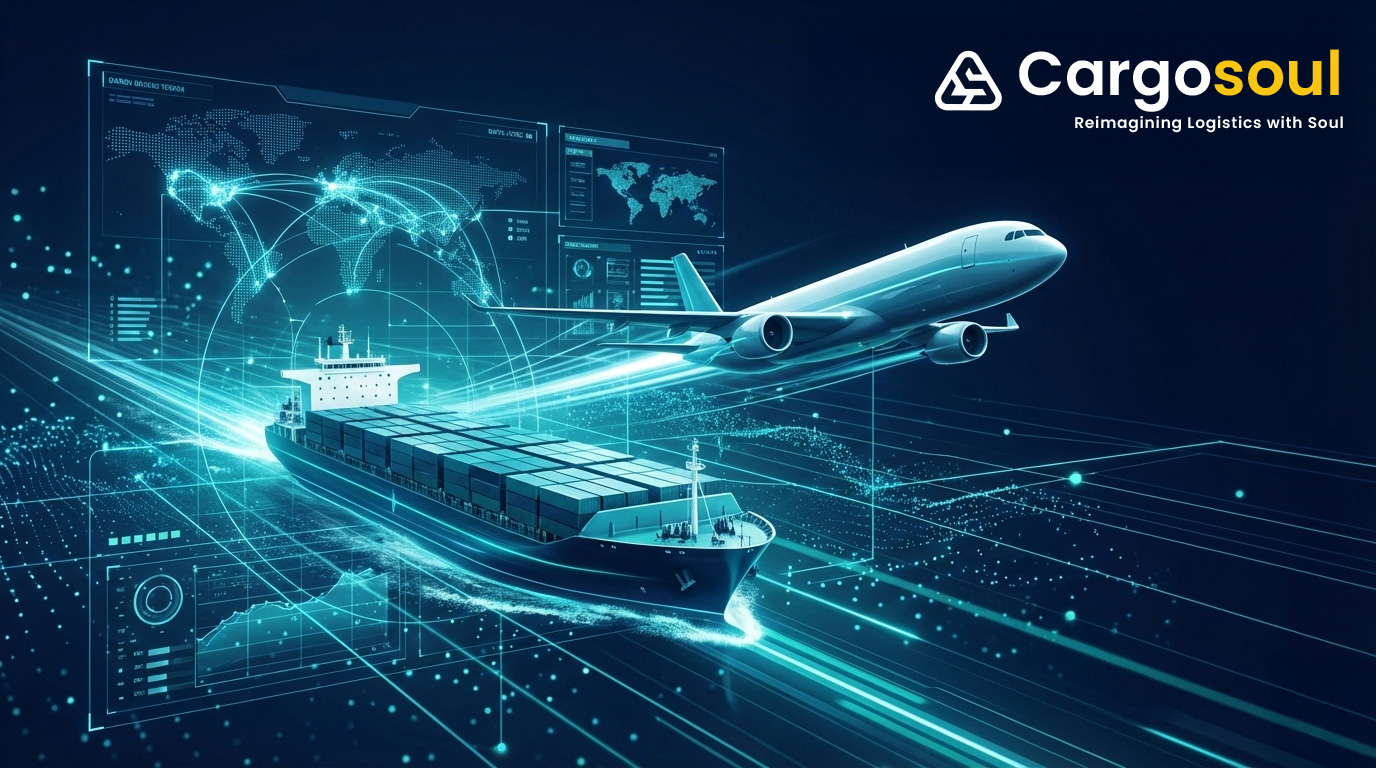 AI-driven logistics network showing global freight routing and autonomous supply chain technology