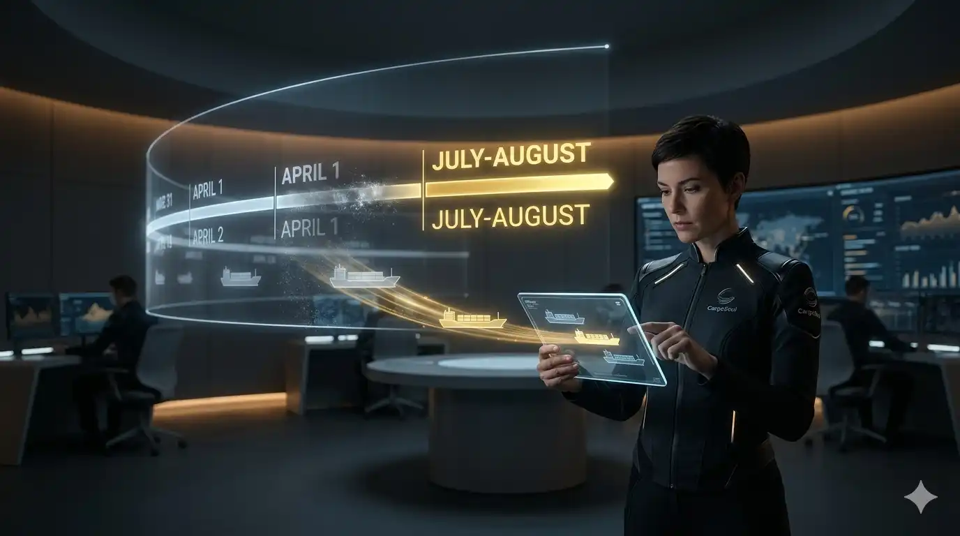 A cinematic 16:9 CargoSoul command center with a futuristic holographic timeline arcing towards August 2026, labeled '120-Day Recalibration Period' for the India-US trade deal, while other deals show low counts.