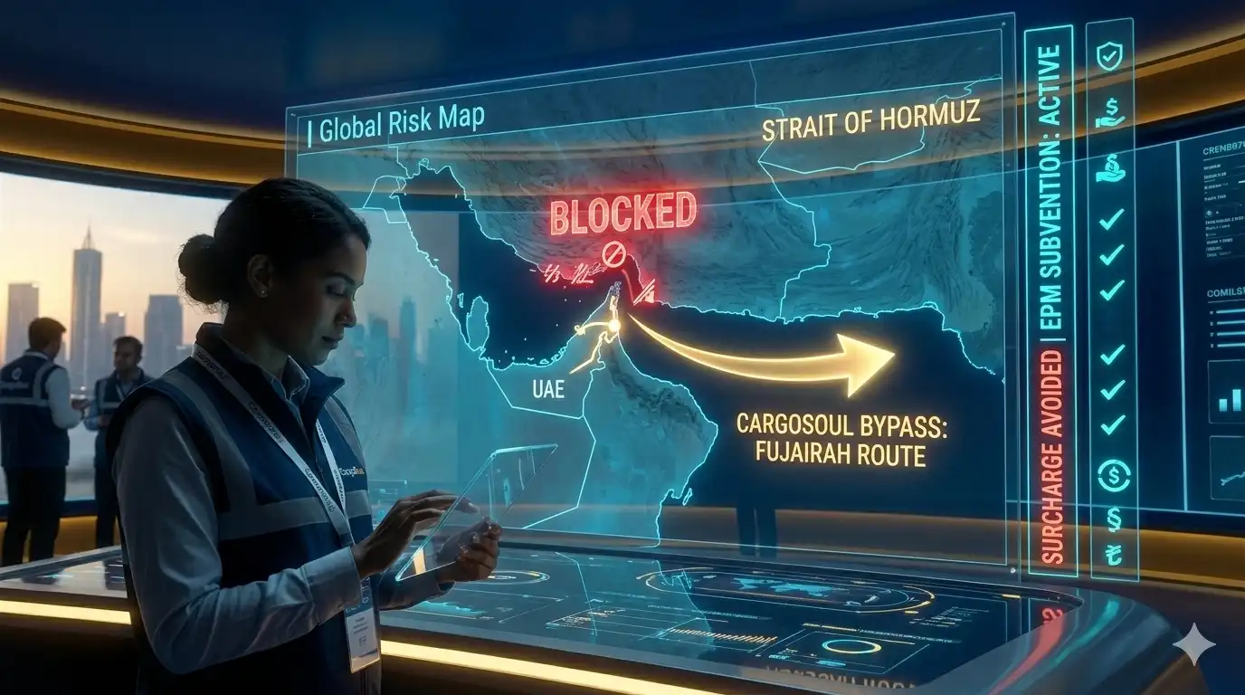 CargoSoul logistics risk map showing a bypass of the Strait of Hormuz to avoid $4,000 container surcharges.