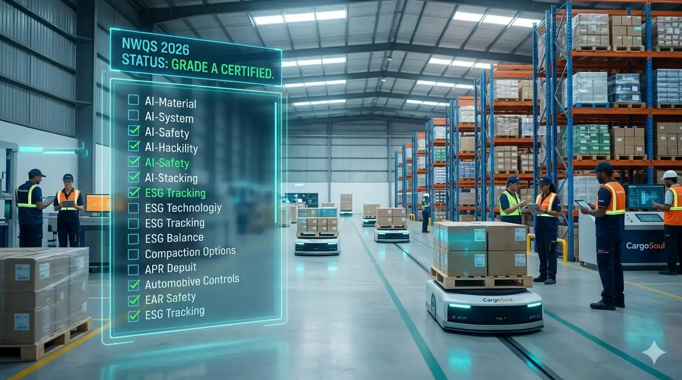 A futuristic Grade A warehouse in India showcasing the NWQS 2026 compliance checklist with holographic audit data and CargoSoul orchestration